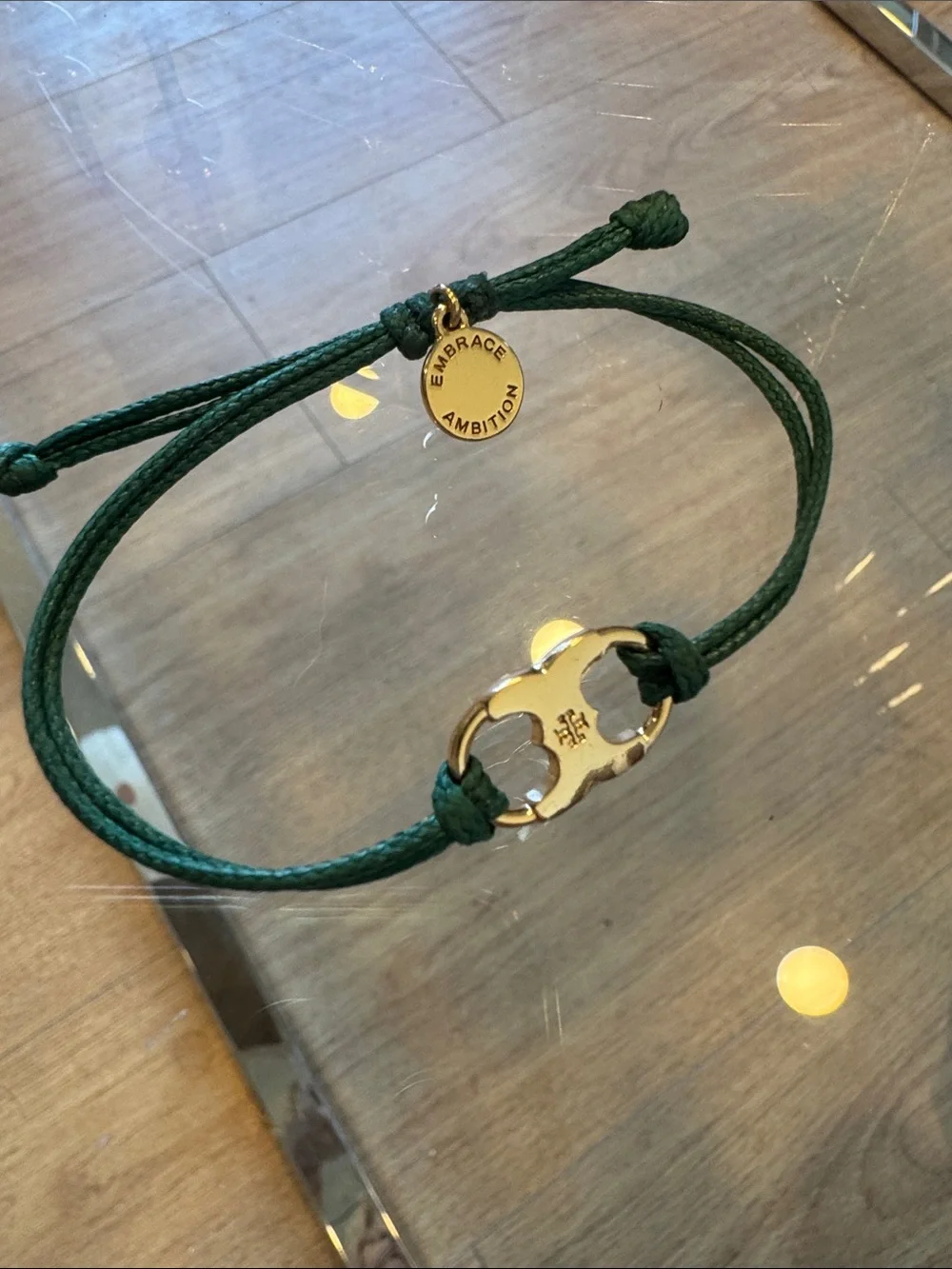 Tory Burch Dark Green Cord Bracelet with Gold Logo Accent